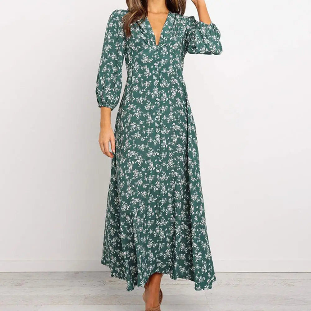 

Women Chiffon Long Dress Deep V Neck High Waist Sweet Lantern Sleeve Ninth Sleeves Vintage Style Flower Print Dress Vestido Robe