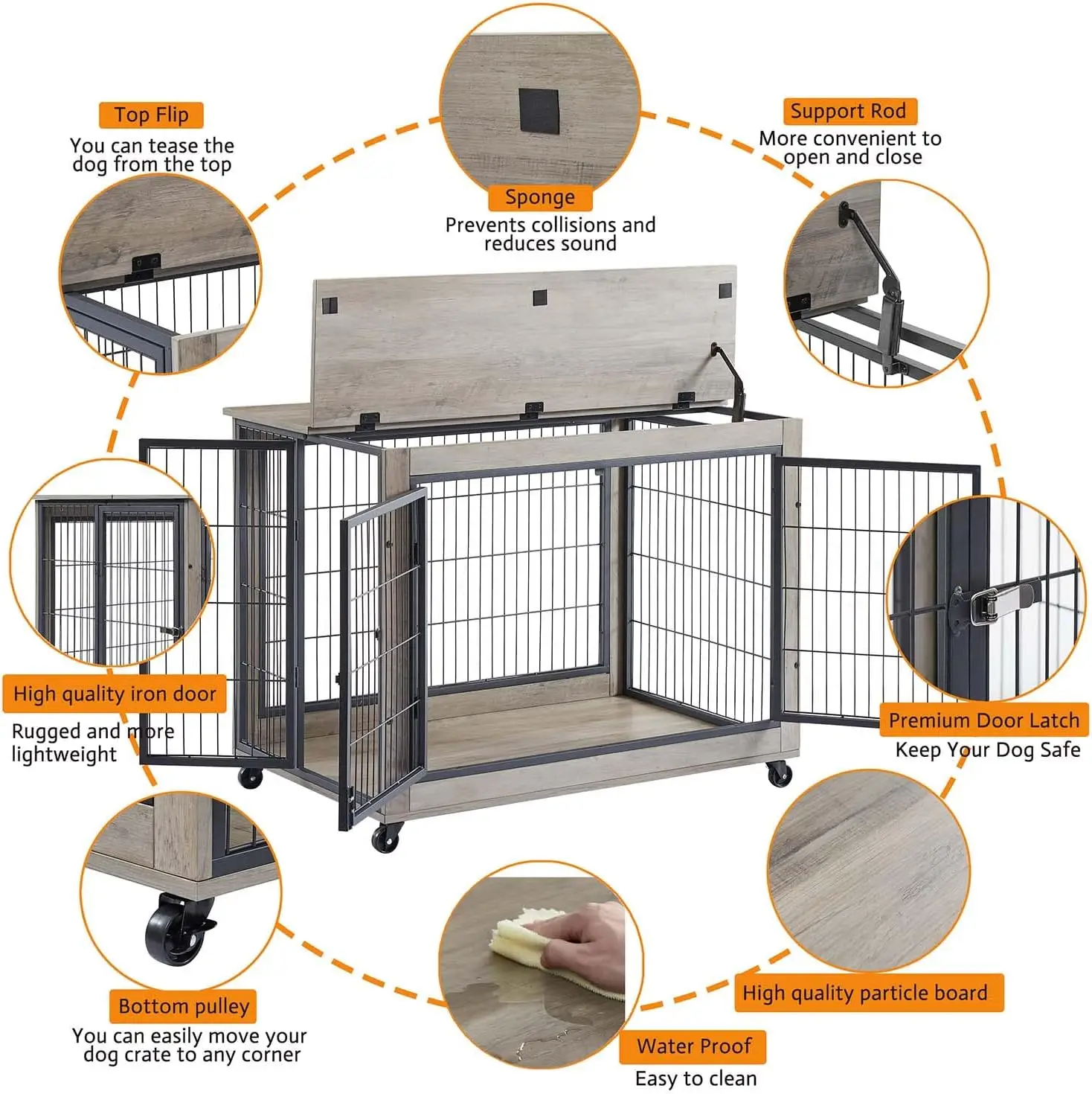 Furnitur peti anjing IchbinGo, Meja kayu, kandang anjing 38.5 "dengan 3 pintu, bukaan atas Flip-up dan roda, hewan peliharaan dekoratif