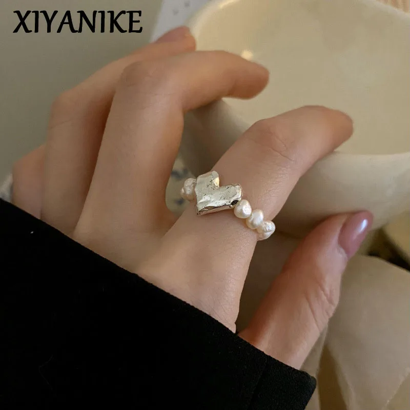 XIYANIKE Naturalna perła barokowa Rozciągliwe pierścionki na palce dla kobiet Dziewczyna Koreańska moda Słodkie serce Biżuteria Prezent Impreza anillos mujer