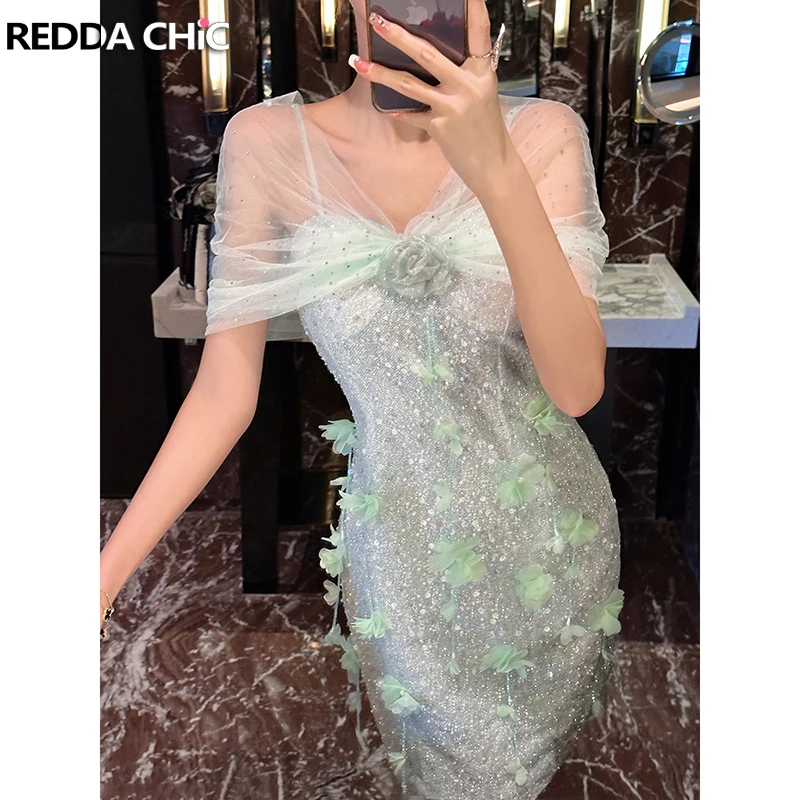 ReddaChic Flower Corsage Off-shoulder Mini Bodycon Dress Women Beaded Pretty Elegant One-piece Luxury Sequin Evening Party Gown