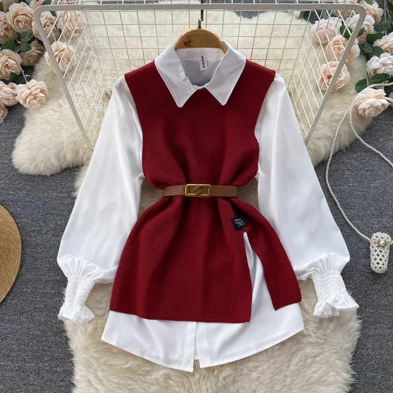 Chic Women Two-Piece Sets Long Sleeve Single Breasted Turn-down Collar Loose Shirt and Knit Split Vest Sashes Korean Casual Top