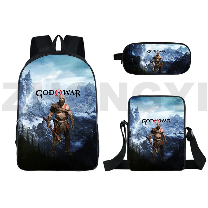 New 3D Game God of War Backpacks Cartoon Printing Kratos Laptop Backpack 3 In 1 Trendy Anime Mens Bookbag Outdoor Travel Packbag