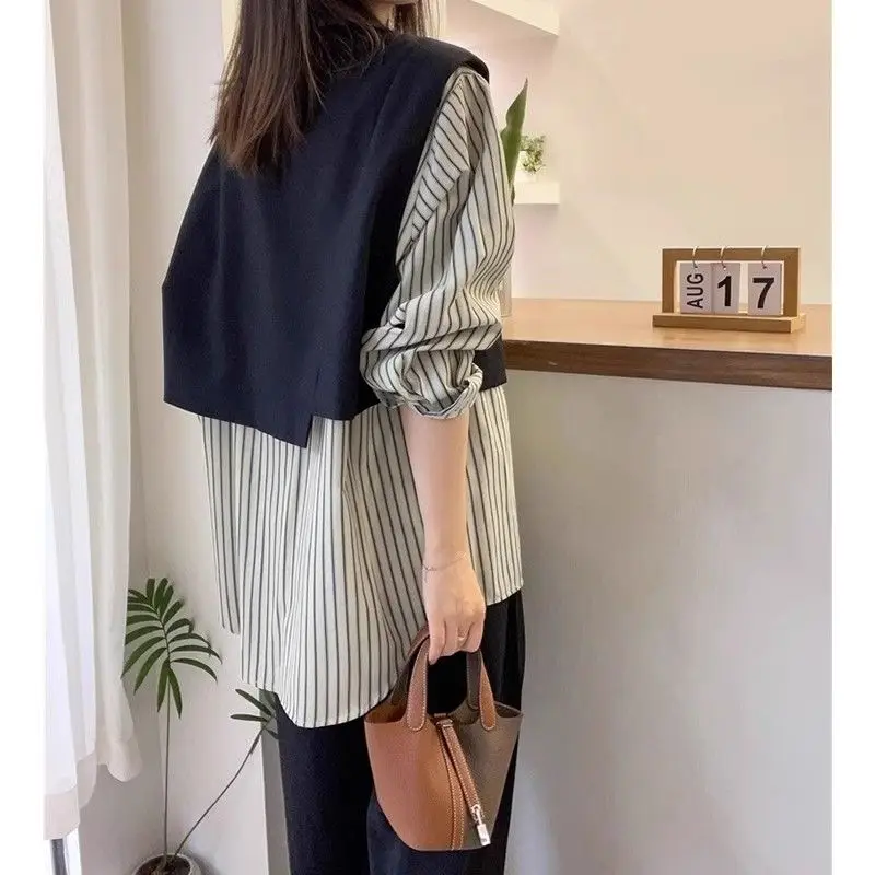 Spring Autumn New Fake Two Pieces Blouse Women POLO Collar Fashion Long Sleeve Pullovers Elegant Striped Patchwork Loose Tops