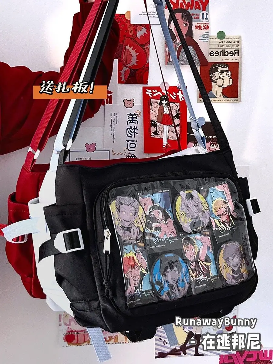 Academic Hybrid Messenger: Minimalist Itasha Tote w/ Badge Display & Doll Window - Spacious Crossbody Book Bag for Campus