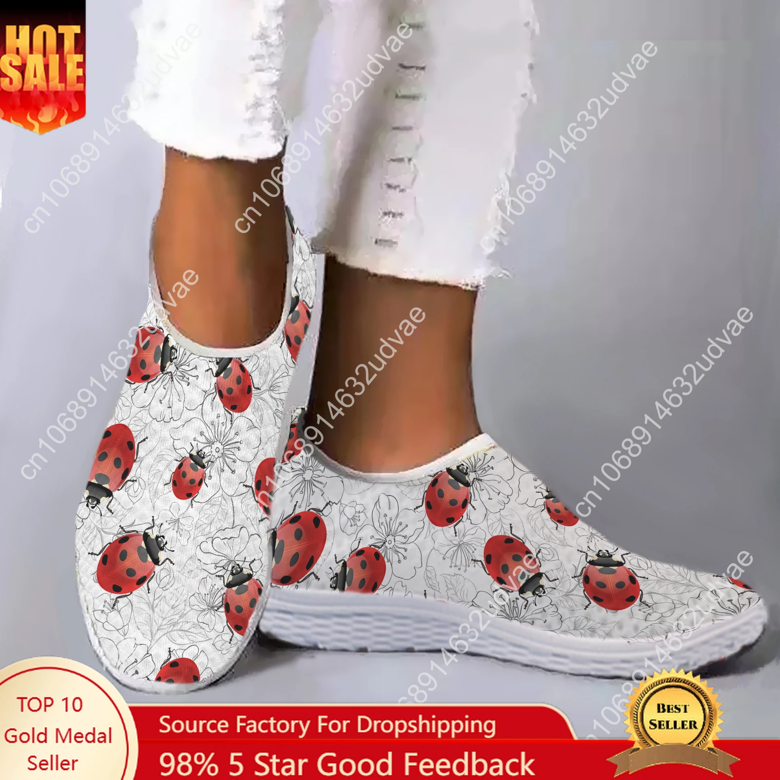 

White Lightweight Seven Star Ladybug Pattern Design Mesh Sneakers Comfort Slip On Shoes Soft Leisure Shoes Zapatos