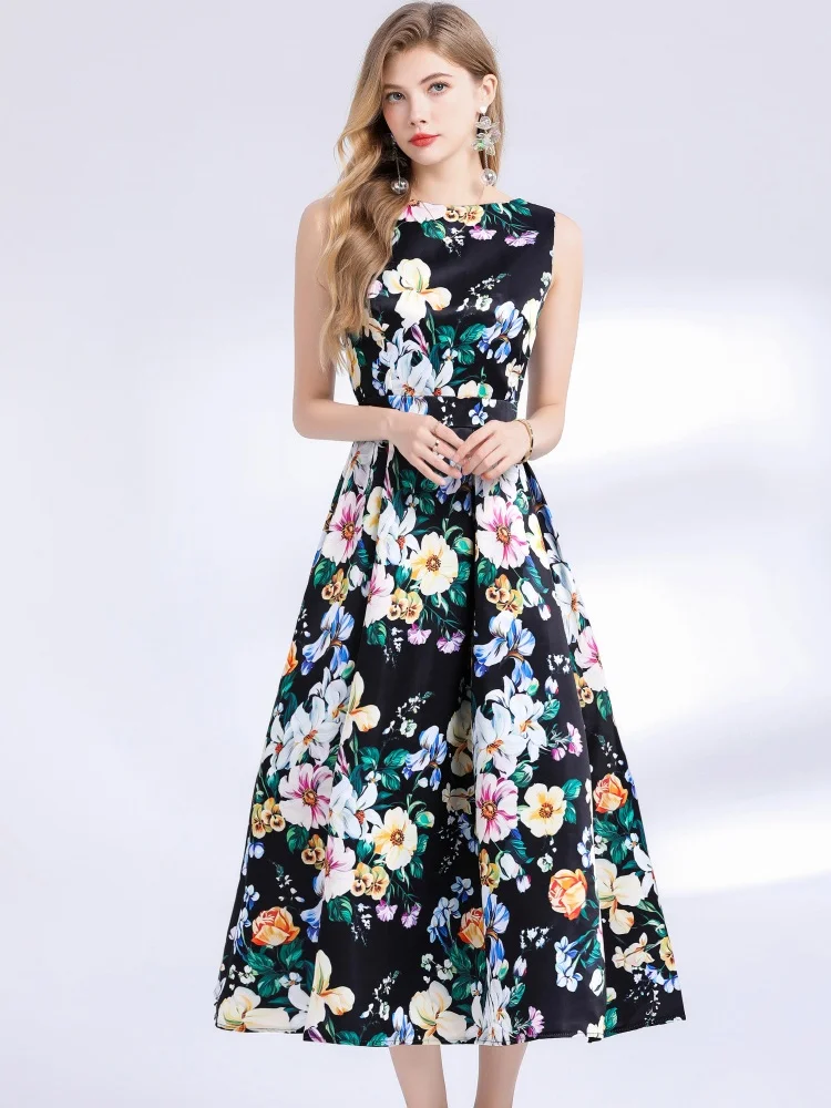SMTHMA New Summer Women Print O-Neck Sleeveless Casual Long Dress Fashion Slim Fit Beach Party Evening Wear Runway Dresses