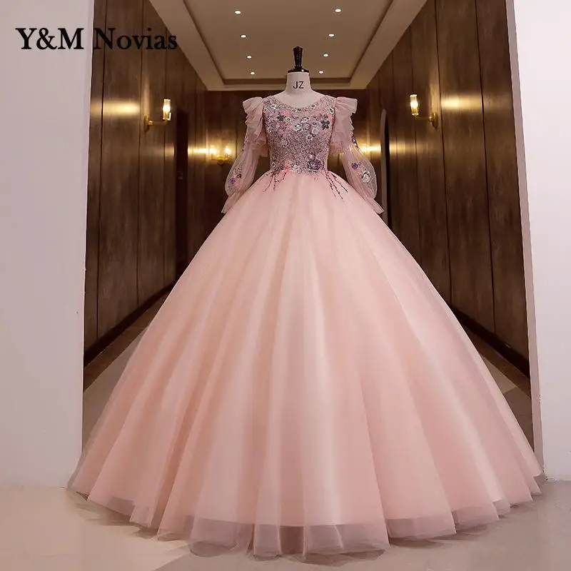 Y & m novias quinceanera vestido de manga longa novo vestido de festa doce o pescoço vestido de baile elegante floral impressão vestidos vestido foto real