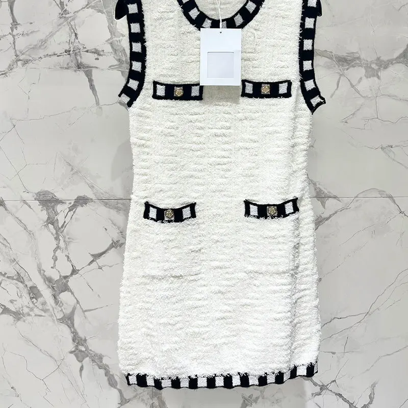 

Women's O-Neck Sleeveless A-Line Dress Sexy 24Fashion White Knitted Mini Dresses New High Street Top Quality Y2K Clothing Runway