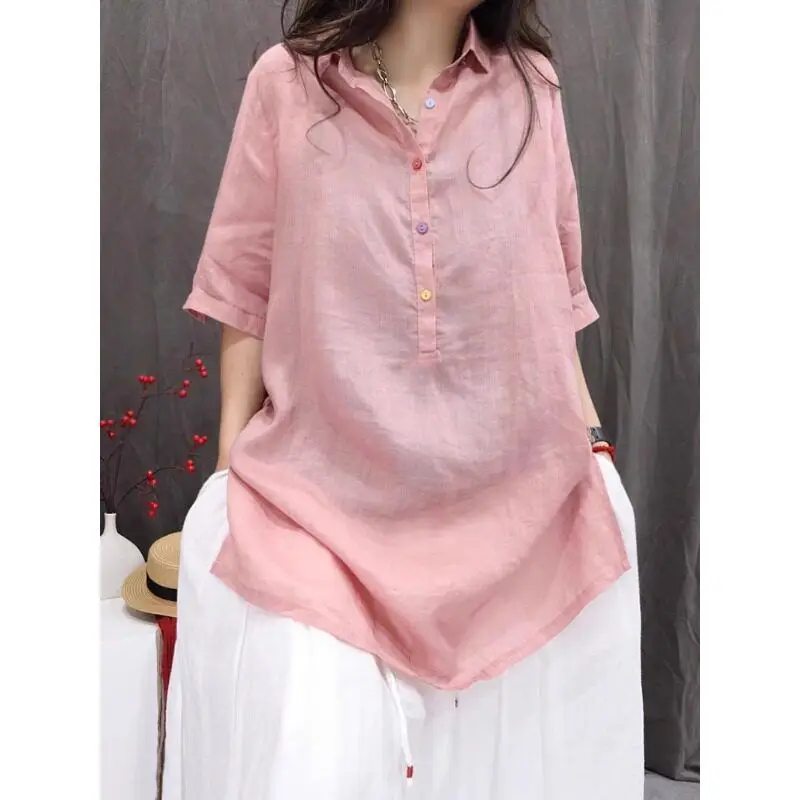 

Casual Artistic Oversized Flax Shirt for plus Size Women Summer New Style Loose Fit Versatile Mid-Length Top