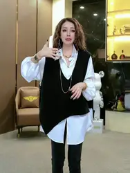 Autumn Fashion Loose Fitting Versatile Commuter Temperament Two-piece Set Women's Korean Version Design Shirt Knitted Vest
