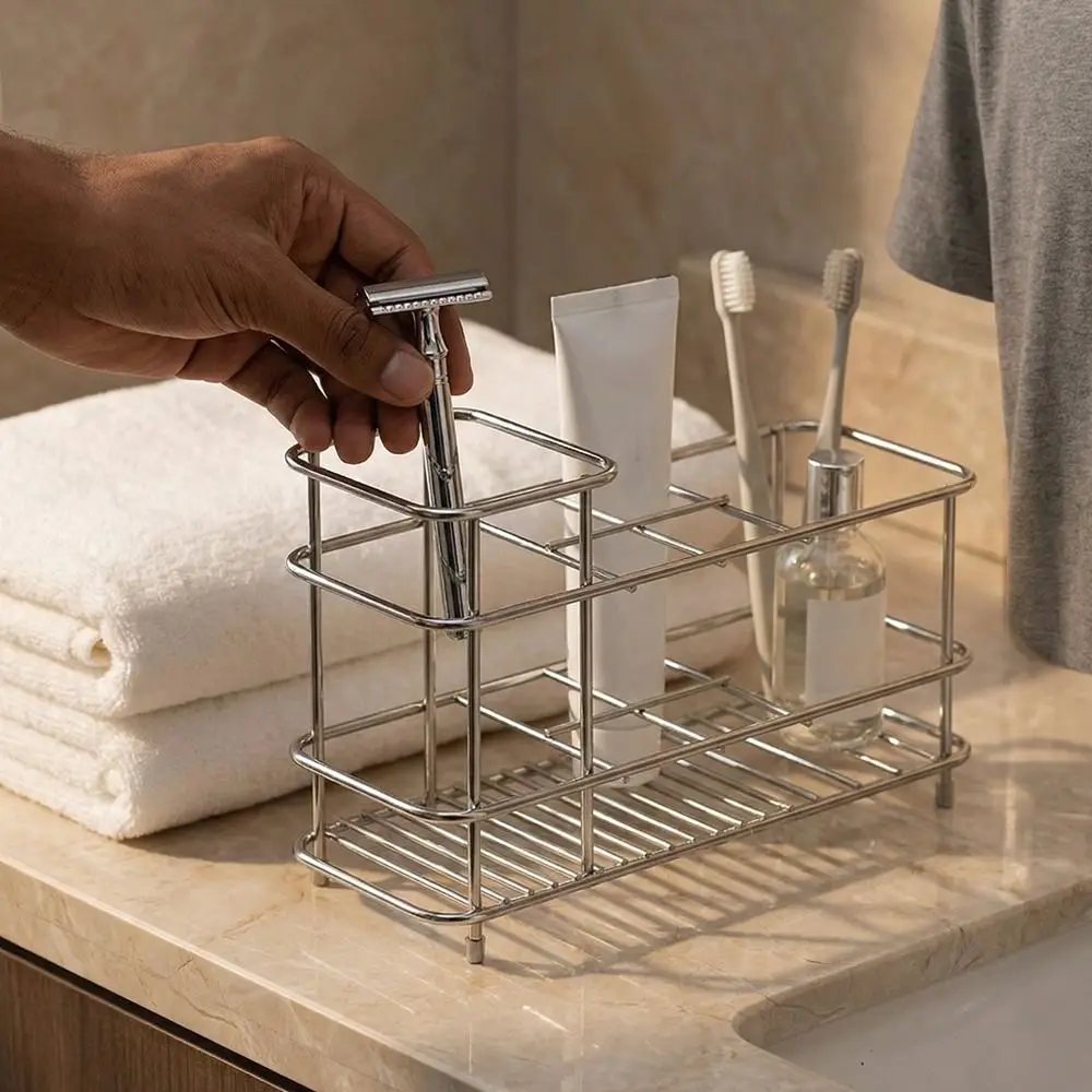 

Stainless Steel Toothbrush Holder Multi-slot Saving Space Toothbrush Toothpaste Shelf Non-Slip Toothpaste Holder Makeup Brush