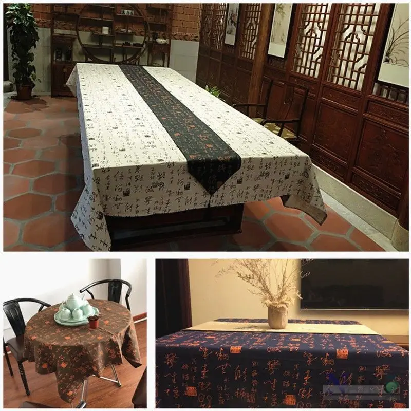 Cotton and linen calligraphy tablecloth retro coffee table cover rectangular tea table cloth Chinese ink style fabric