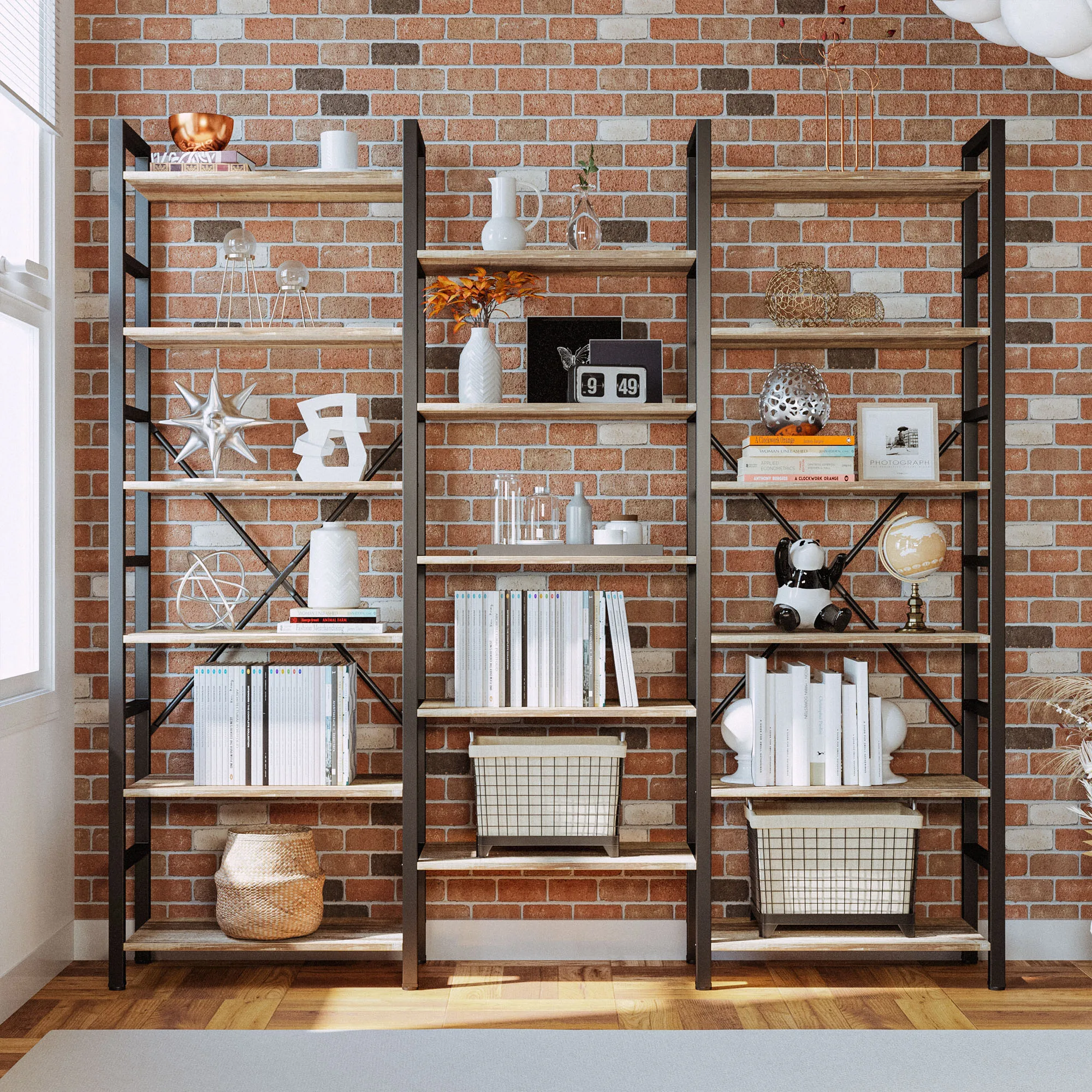 IRONCK Bookcases and Bookshelves Triple Wide 6 Tiers Industrial Bookshelf, Large Etagere Bookshelf Open Display Shelves