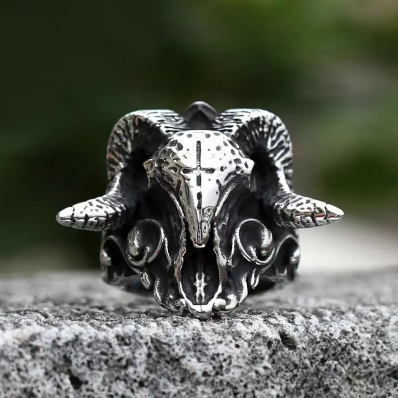 Devil Ram Horns Skull Open Ring for Men's Retro Satanic Cross Religious Amulet Jewelry