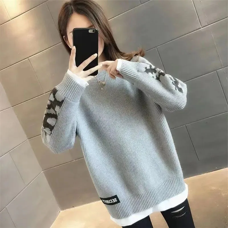 New Women's Fake Two Sweater Coat Autumn Winter Burst Bottoms Knitwear Loose Korean Female Pullover Knit Sweaters Outerwear