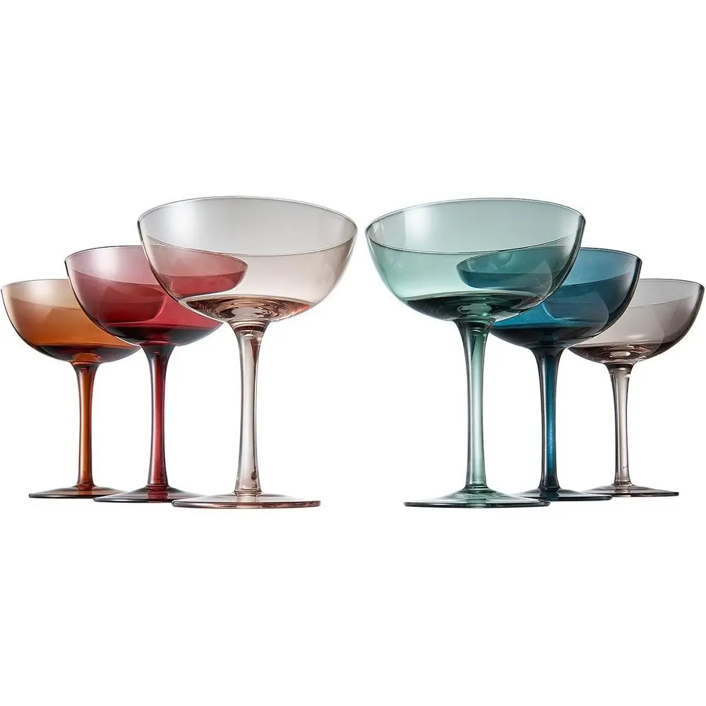 Colored Champagne & Cocktail Luxury Coupe Glasses Set of 6 | Crystal 6oz Stemmed Goblet Drinking Cups | Colorful Drinkware for H