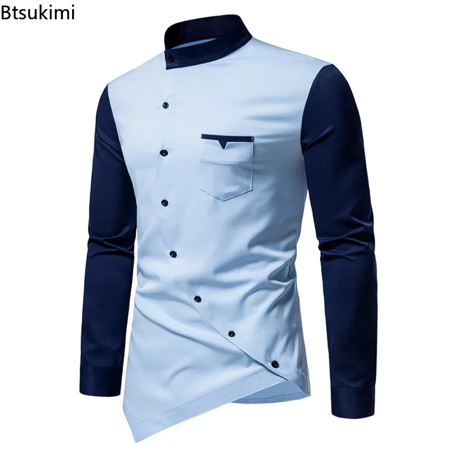 2024 Men\'s Casual Shirts Patchwork Irregular Oblique Button Long Sleeve Men\'s Dress Wedding Business Shirt Tops Chemise Homme