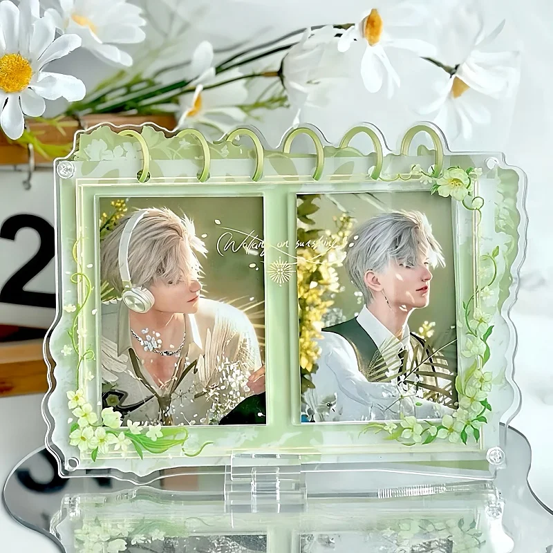 Vibrant‑Calendar 3/3.5inch Acrylic Photo Frame, Double Slot Floral Bound‑ring Card Display Holder, for Anime Kpop Merch Decor