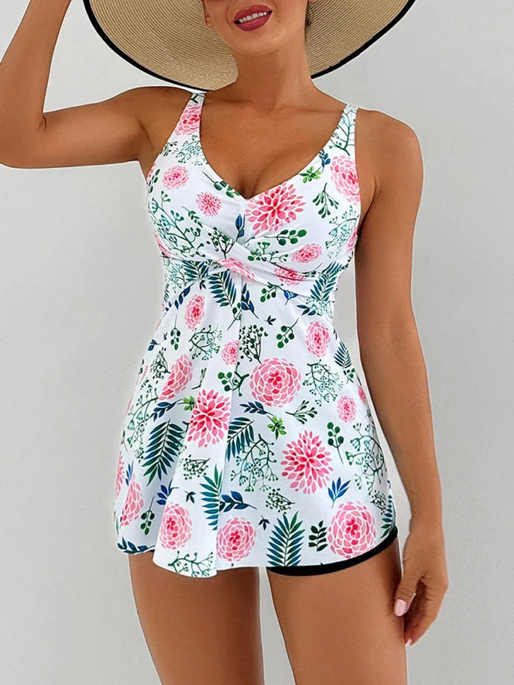 Two Piece Swimsuit Women 2026 New Solid Print Sling V Neck Sexy Tankini Swimwear Summer Boxer Shorts Beach Bathing Suit Female