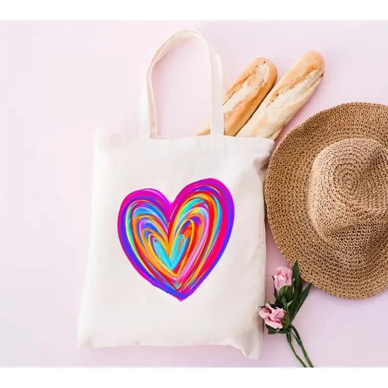 Canvas Tote Bag With Heart Shape Book Stack Floral Inspirational Quote Designs Reusable Shoulder Bag For Shopping Everyday Use image 2