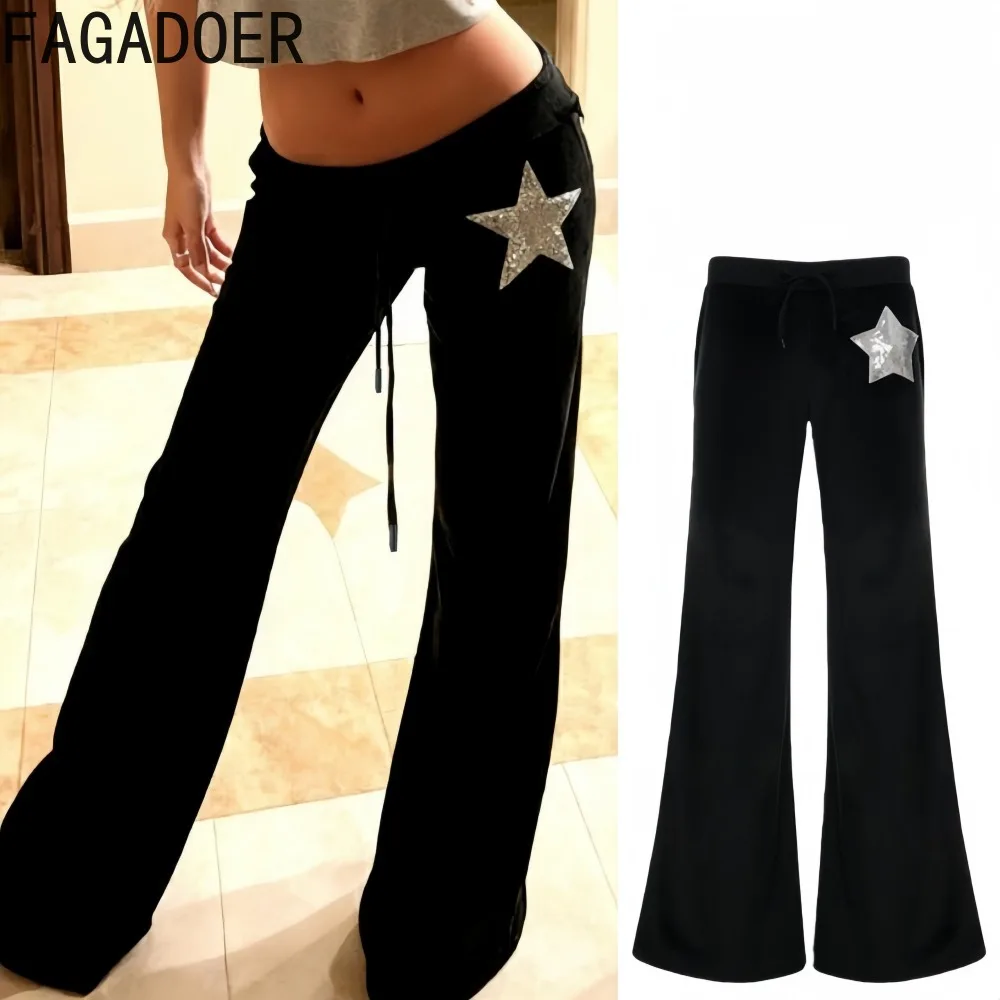 

FAGADOER Fashion Pentagram Glitter Patchwork Pants Woman Solid Color Sparkling Low-rise Flare Pants Female Streetwear Bottoms