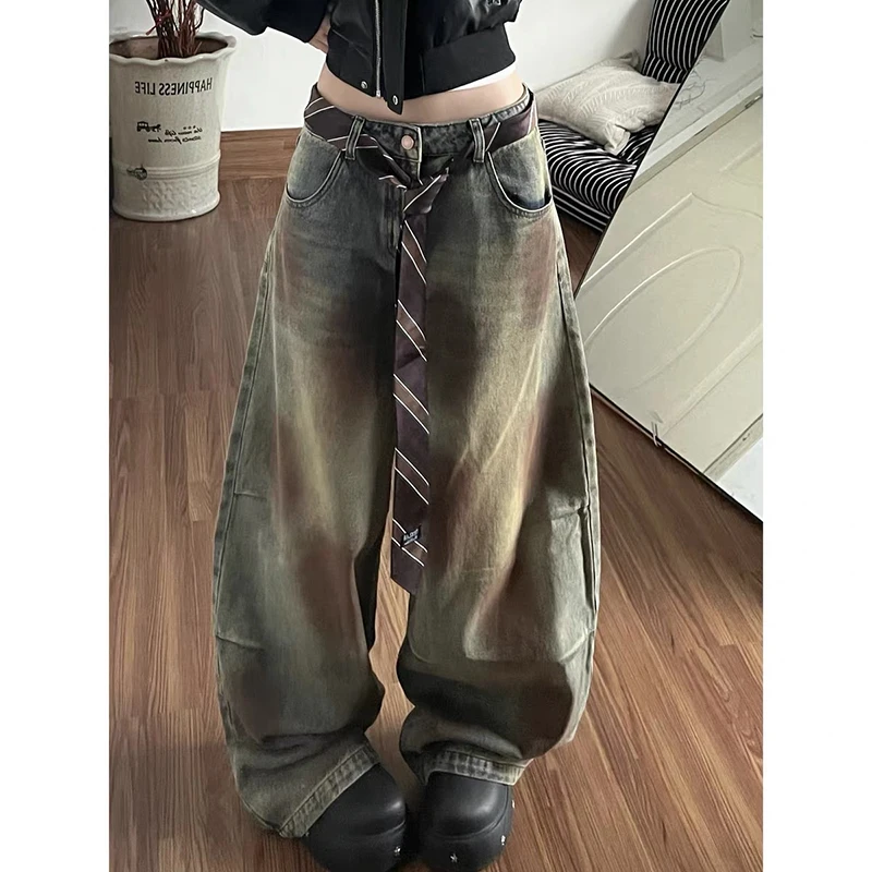 ZHIZOU Women Baggy Blue Cargo Jeans Embroidery Y2k Japanese Streetwear Cyber Punk Denim Pants Wide Fit Harajuku Cowboy 2000s New