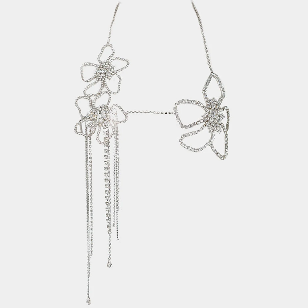 Luxury Tassel Flowers Body Chain Rhinestone Bra Necklace Body Jewelry for Women Oversize Crystal Bralette Chest Chain Top