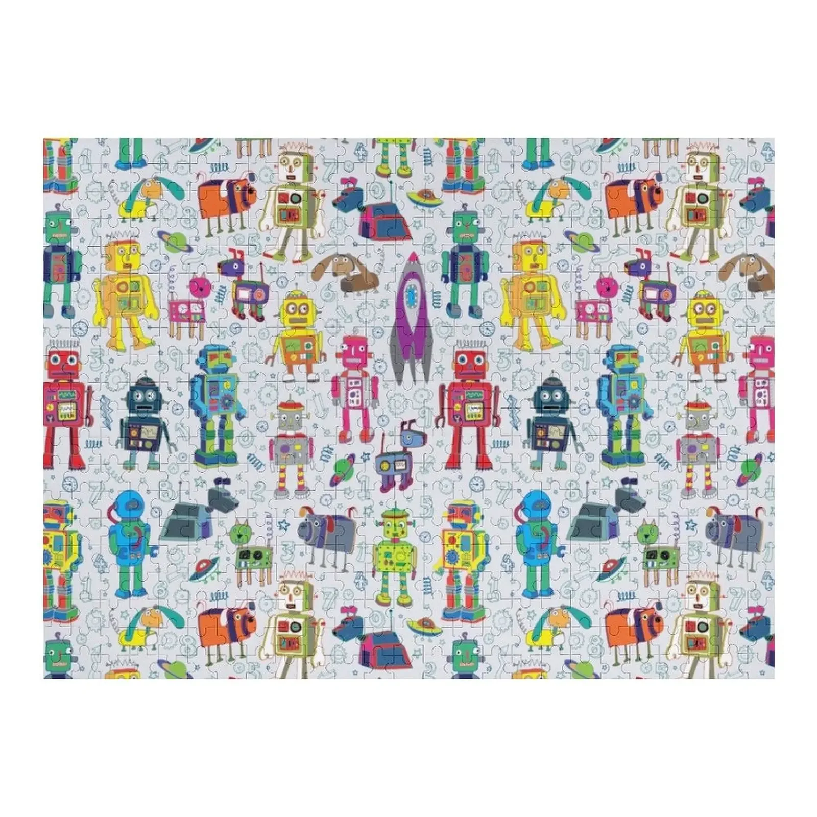 

Robots in Space - grey - fun Robot pattern by Cecca Designs Jigsaw Puzzle Personalized Toy Custom Gifts Puzzle