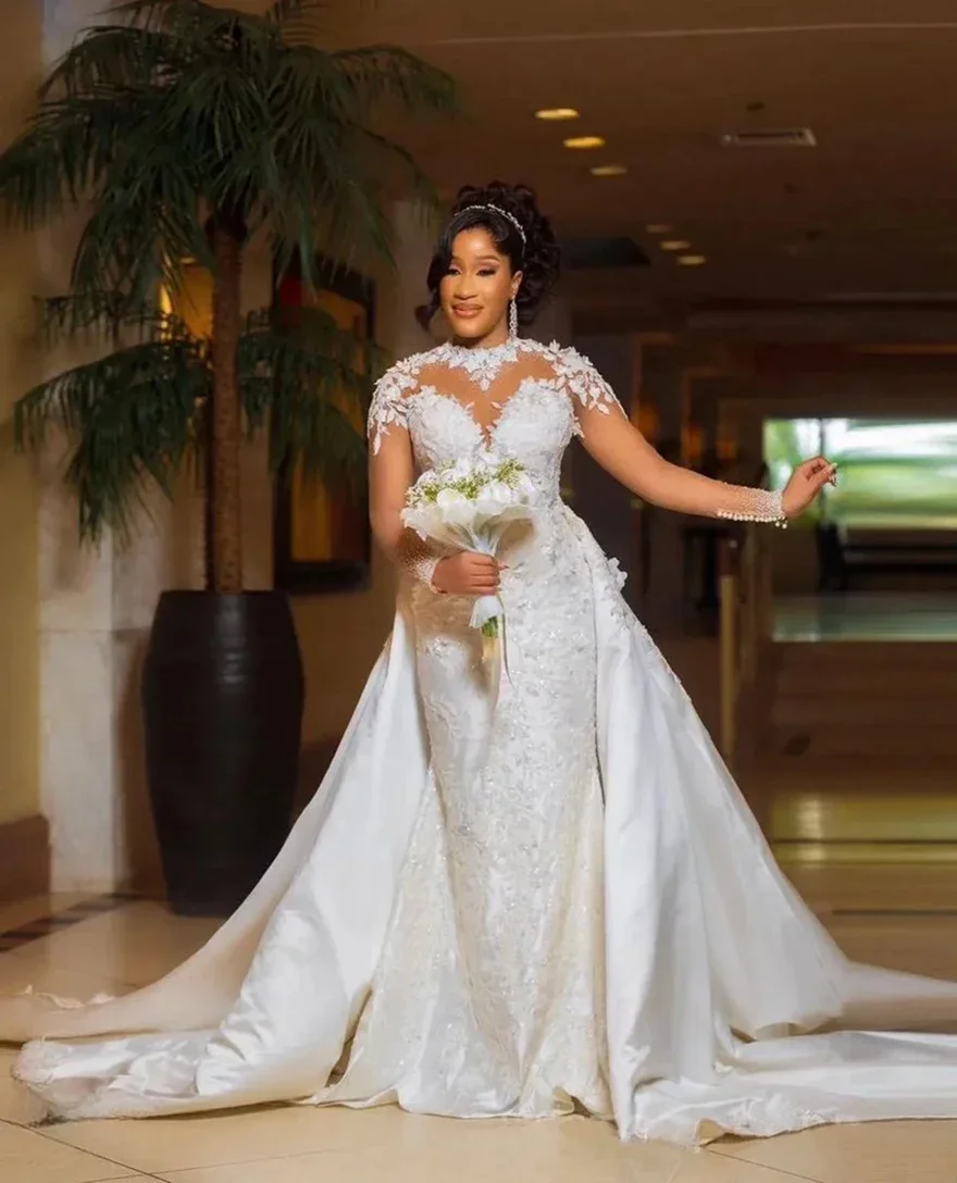 Customized High Neck Appliques Beads Mermaid Wedding Dress  Full Sleeves African Arabic  Bridal Gown with Removable Skirt