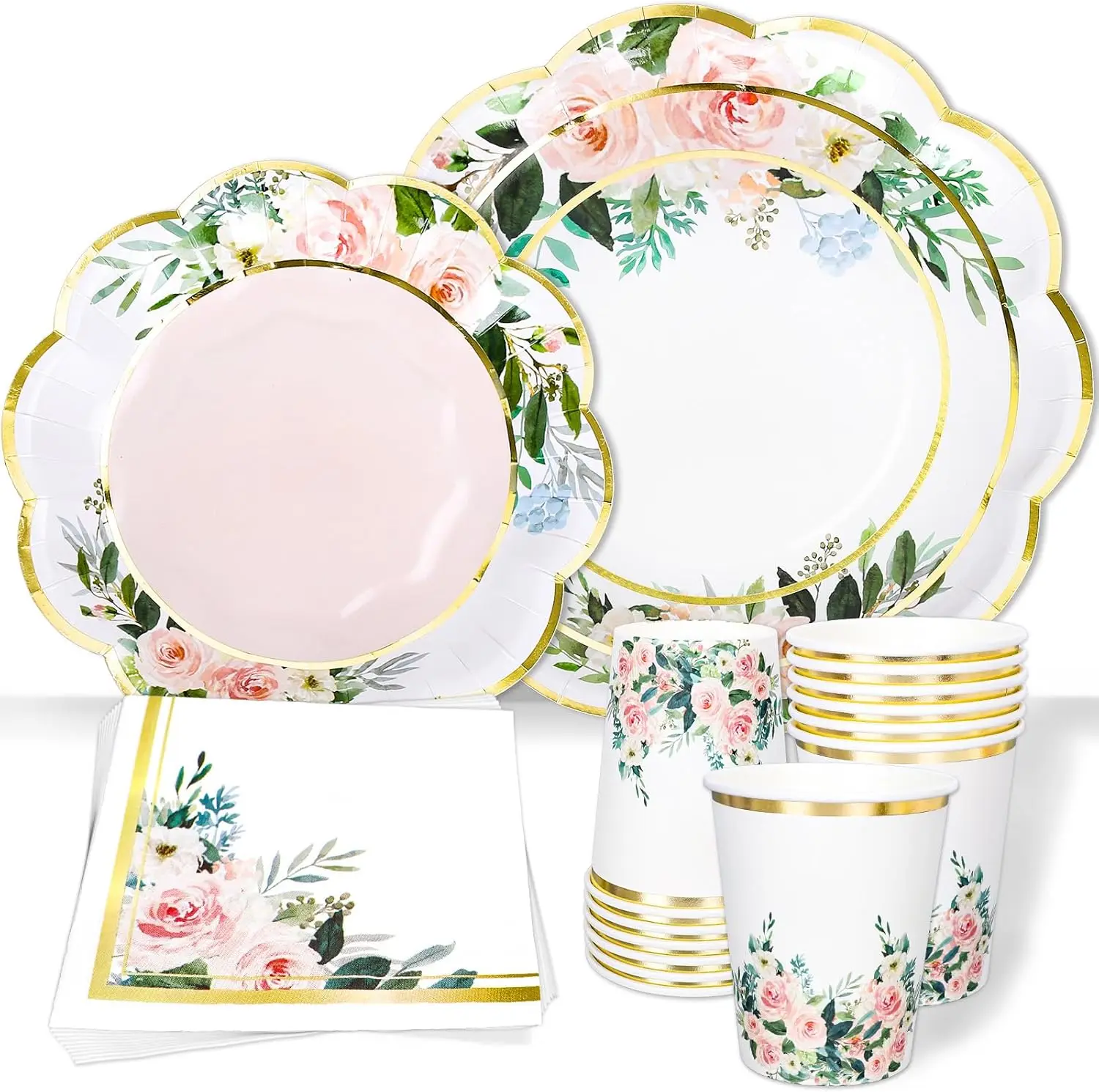 

100Pcs Floral Paper Plates Cups and Napkins Party Decorations Flower Shaped Gold Foil Disposable Paper Plates Pink Flora