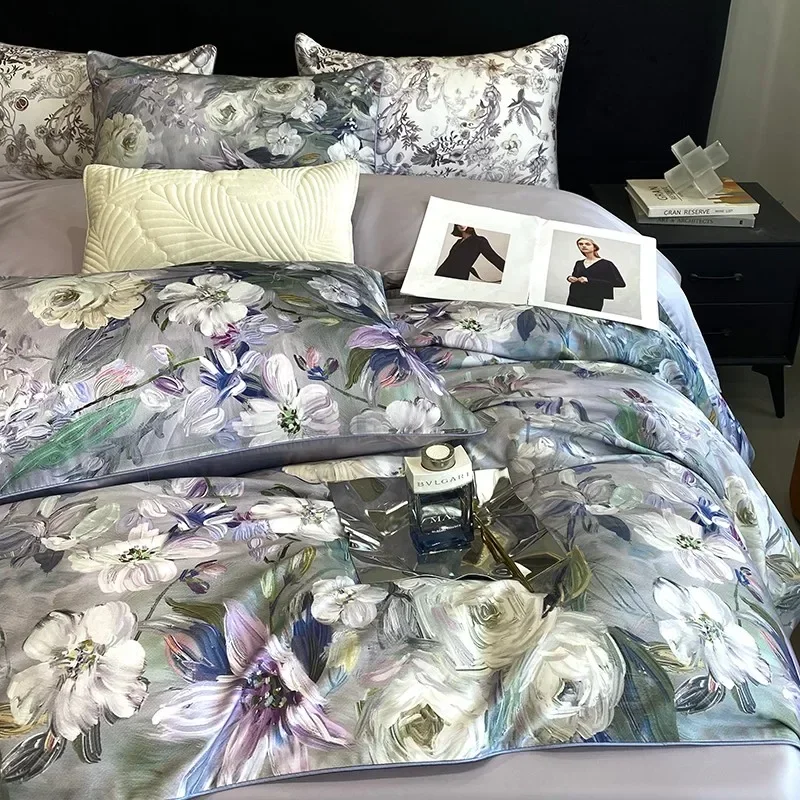 Gray Purple Floral Print 4Pcs 600TC Egyptian Cotton Bedding Comforter Quilt Cover Zip Closure Duvet cover Bed Sheet Pillowcases