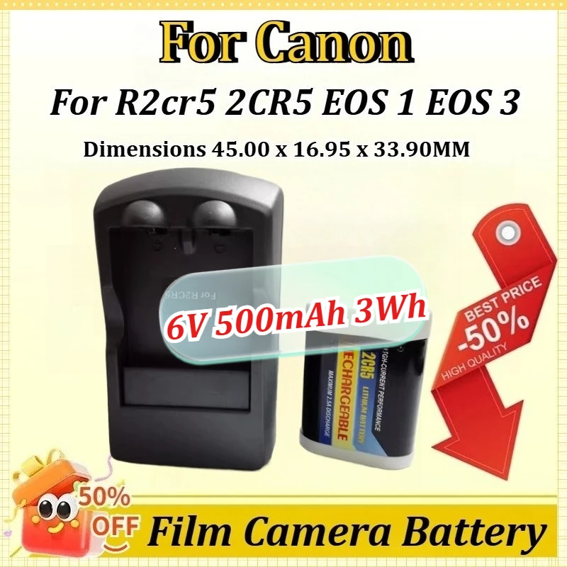 

6V 500mAh 3Wh Film Camera Battery for Canon R2cr5 2CR5 EOS 1 EOS 3 Rechargeable Lithium Black/White Batteries + Charger Sets