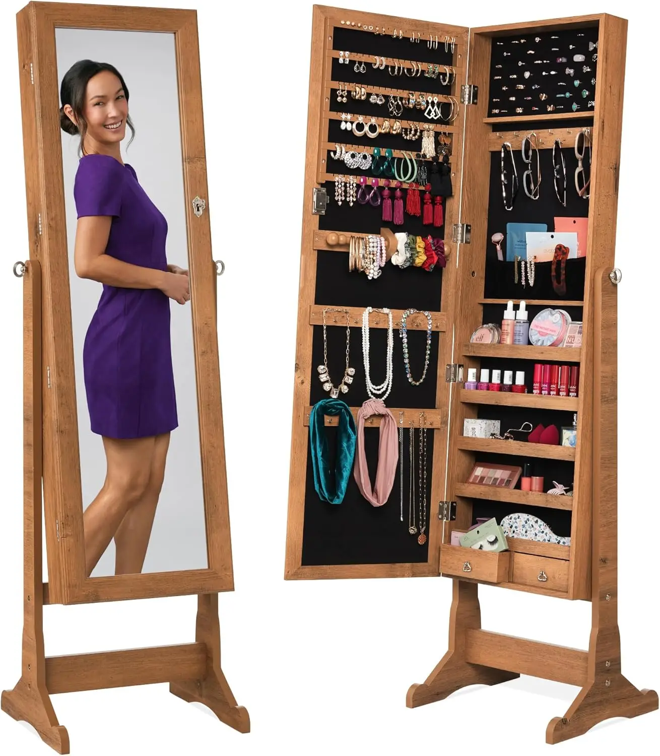 Freestanding Jewelry Armoire Cabinet, Full Length Standing Mirror, Lockable Makeup Storage Organizer, w/Velvet Lining