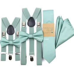 Hete Nieuwe Salie Groene Effen 2.5Cm Jarretel 6Cm Stropdas Zakstok Set Heren Kid Cravat Brace Verstelbare Bandjes Trouwfeest Accessoire