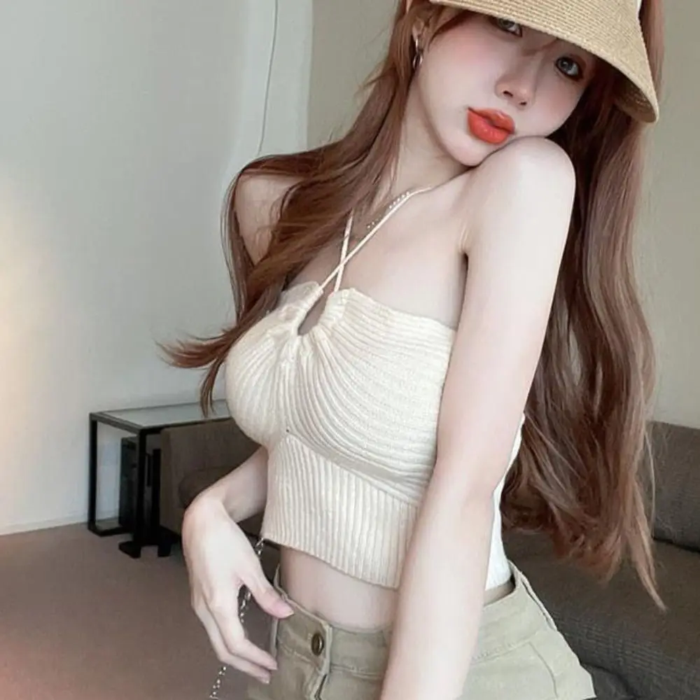 

Fashion Hollow Out Knitted Slim Crop Top Y2K Tank Women's Halter Vest Top Round Neck Undershirt Sleeveless Knit Camisole Girl
