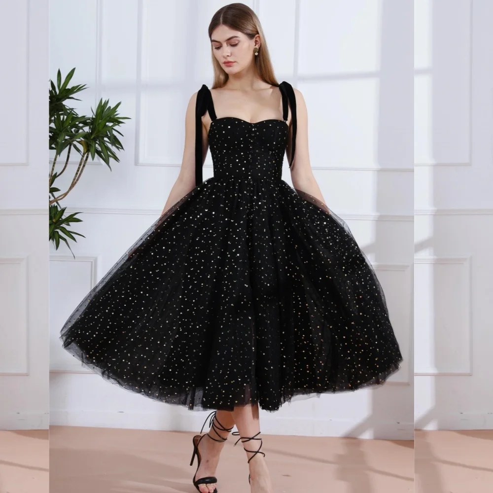 Sparkle High Quality Tulle Pleat Ruched Draped Sequined A-line Spaghetti strap Midi Dresses Celebrity Dresses Matching Retro