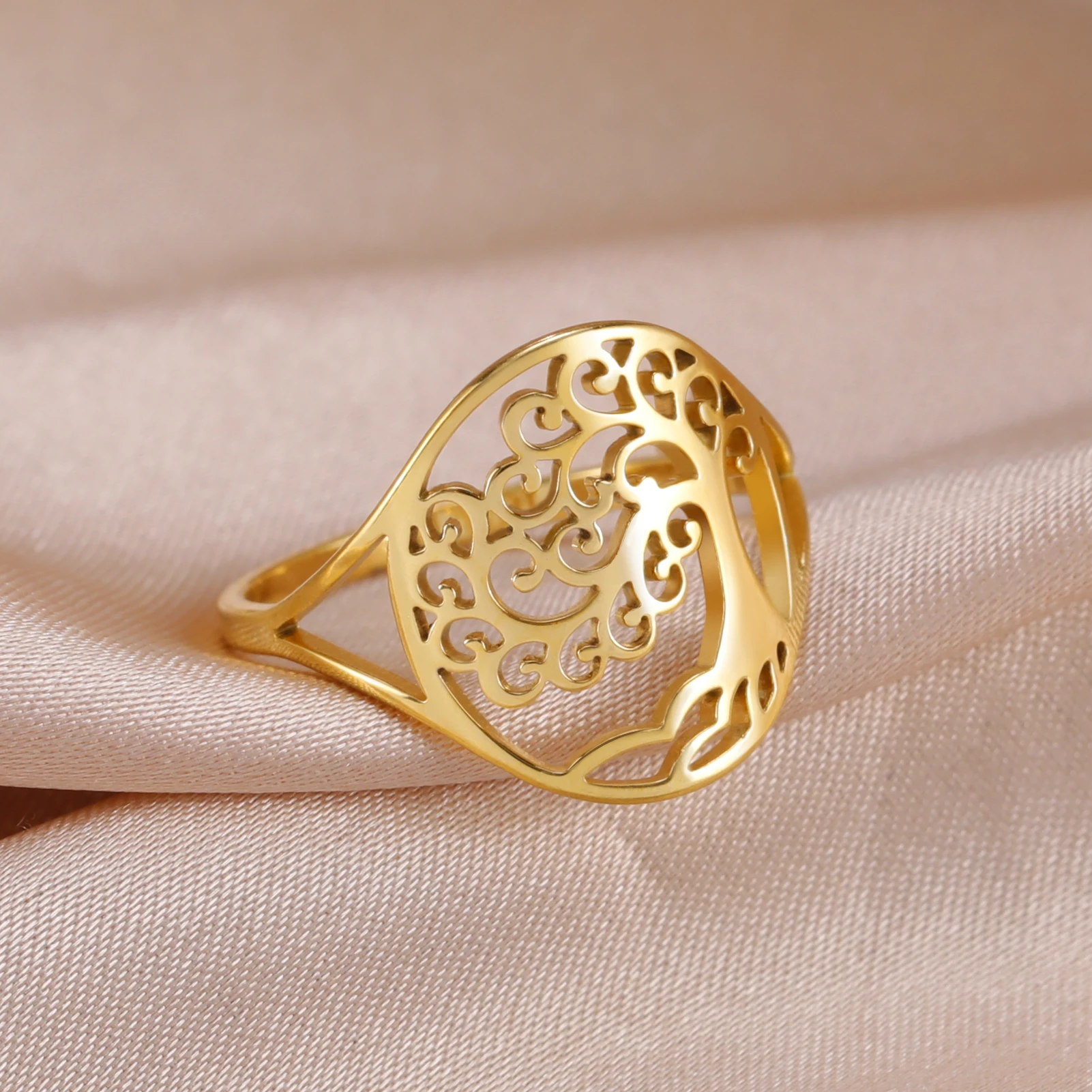 Kkjoy Lateral Rolling Leaf Tree of Life Ring Viking Stainless Steel Finger Rings Amulet Jewelry Anniversary Gifts for Women Men