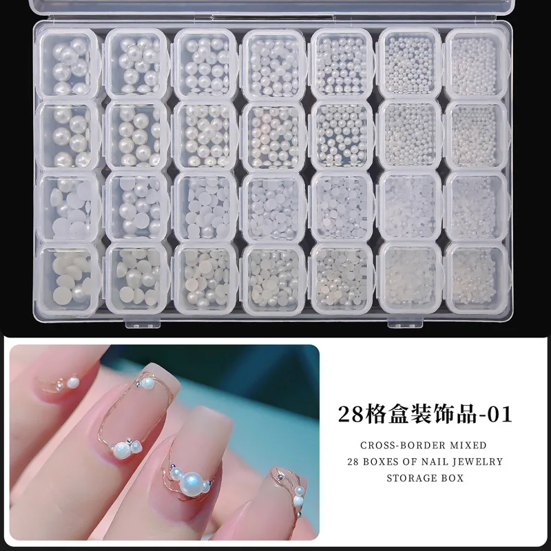 Imballaggio misto 28 style / box Star Moon Shell AB Clear Nail Stones gemme perla decorazioni per Nail Art fai-da-te oro argento rivetto Rhines