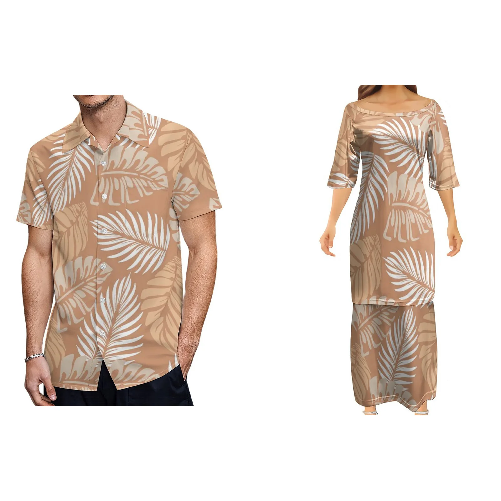 Custom Couple 2 Set of Samoan Puletasi Polynesian Classic Pattern Women Dresses And Man Short T-shirt New Design Matching