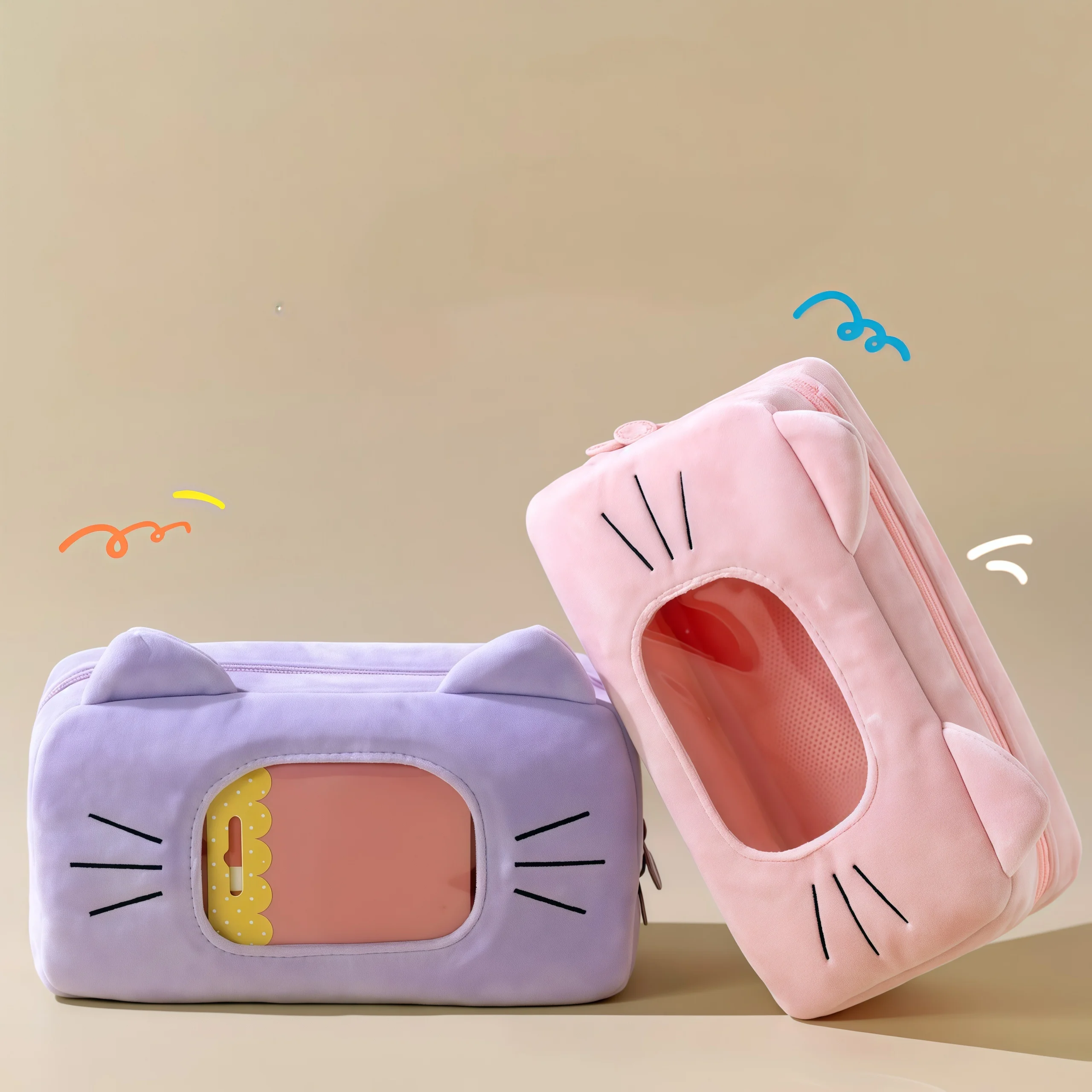 3d猫耳透明ペンケース-大容量-防水puオーガナイザーバッグ-中学生向け-透明窓付き-ピンク