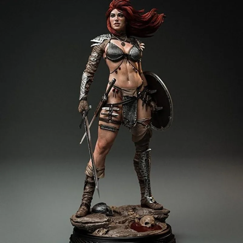 1/24 Scale Red Hair Female Swordsman Resin Figure Model Kit Fantasy Art Miniature Sculpture Unassembled Unpainted toy