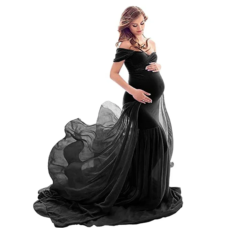 Maternity Chiffon Mermaid Gown Off Shoulder Dropped Sleeve Fitted Photo Shoot Photography Dress