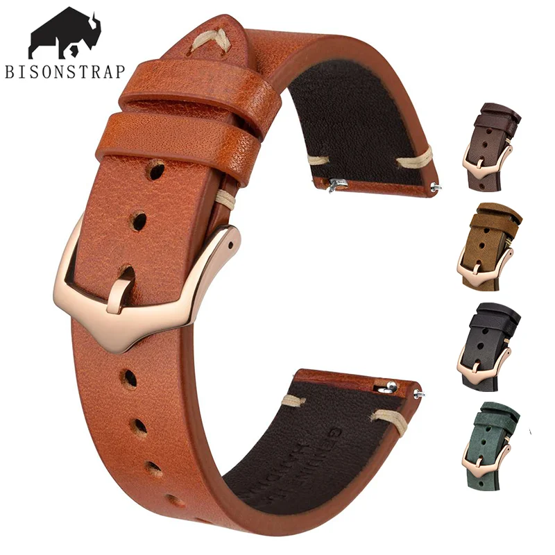 

BISONSTRAP 5 colour Genuine Leather Watch Strap 18mm 19mm 20mm 21mm 22mm 23mm 24mm Watchbands for Men Stainless Steel Buckle