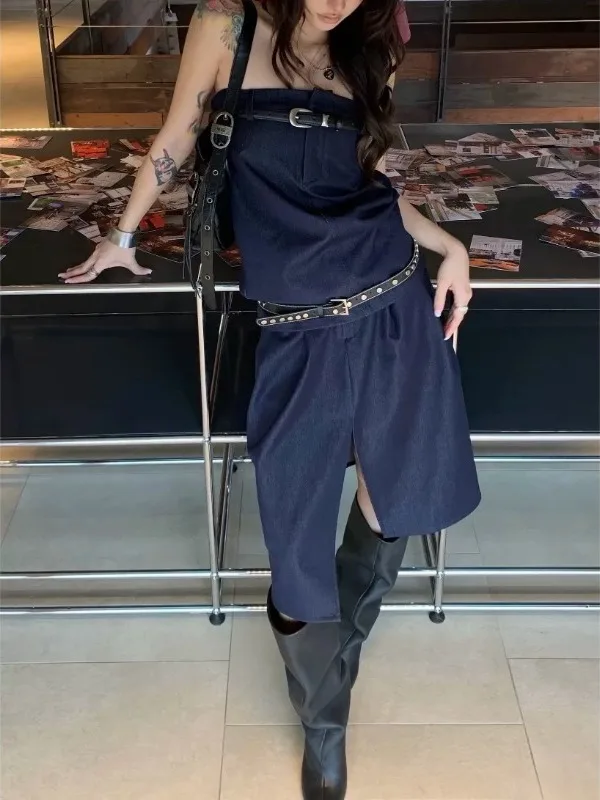 

Mipha Uncle Vacation Style Denim Waist Strap Top Pleated Asymmetrical Half Skirt Set Women's Summer Hanfu Ensemble