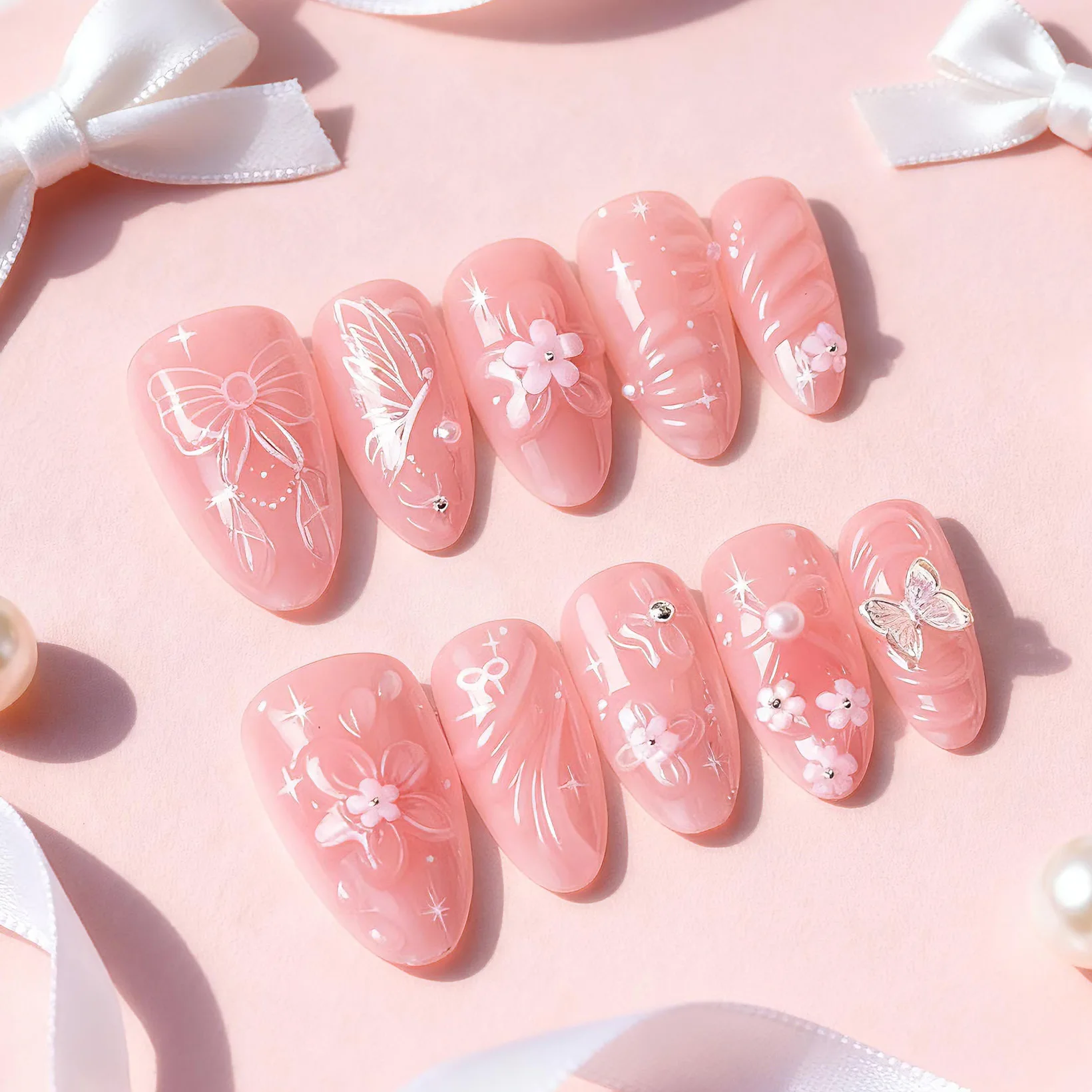 

24PCS 3D Pink Flowers Almond Press on Nails Full Cover Butterfly Bow Patterns Fake Nails for Women Wearable Sweet Ins False Nail