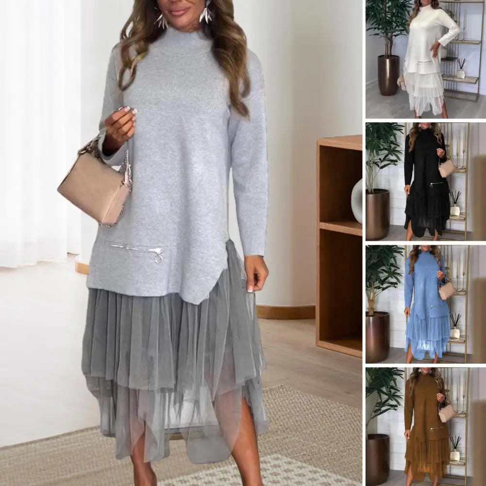 

A-line Dress Elegant Mesh Hem Midi Dress with Zipper Detail A-line Party Dress for Women Fall Winter Fake Two-piece Patchwork