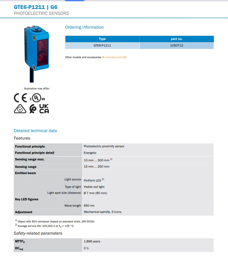 مستشعر كهروضوئي منتشر أصلي مريض Gte6-P1211 رقم الطلب 1050712 مستشعر القرب الكهروضوئي العلامة التجارية الجديدة