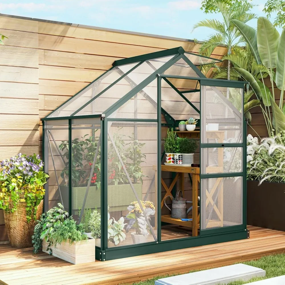 

6' x 4' Greenhouse for Outdoors, Polycarbonate Greenhouse with Rain Gutter and Roof Vent, Aluminum Walk-in Green Houses