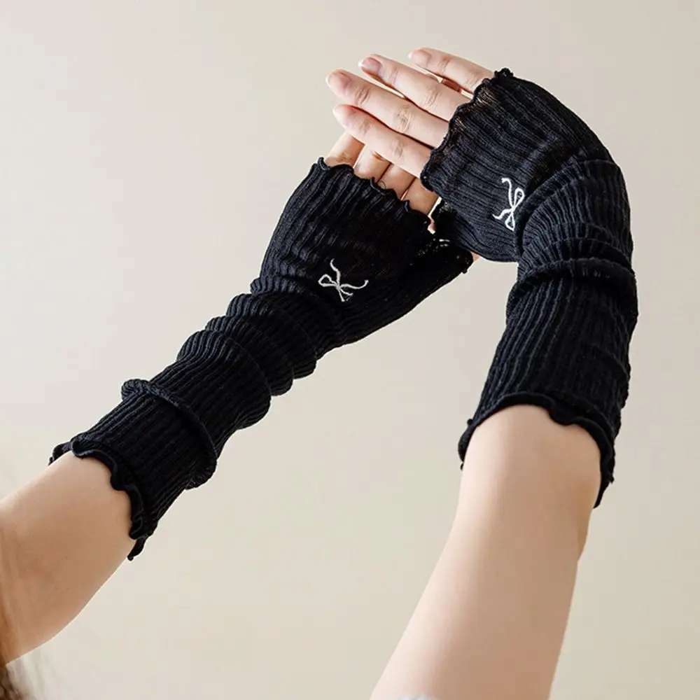 Fashion Harajuku Embroidered Bow Lolita Lace Gloves Mesh Warm Arms Fingerless Mittens Japanese Elastic UV Protection Gloves Girl