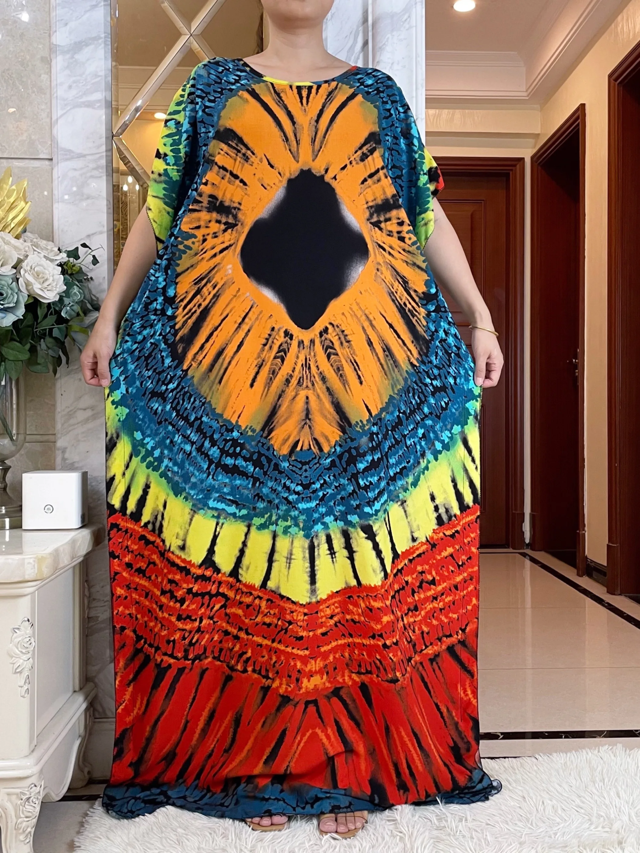 2023New Dubai Muslim Short Sleeve Dress With Big Scarf African Dashiki Printing Cotton Caftan Lady Summer Maxi Casual Abaya